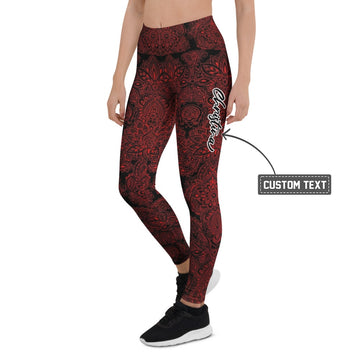 Personalisierte Damen Sportleggings Mandala Ornament Muster Schwarz Rot Fitness Yoga Leggings A823 - XL