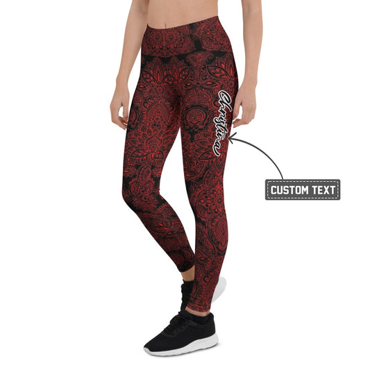Personalisierte Damen Sportleggings Mandala Ornament Muster Schwarz Rot Fitness Yoga Leggings A823 - XL