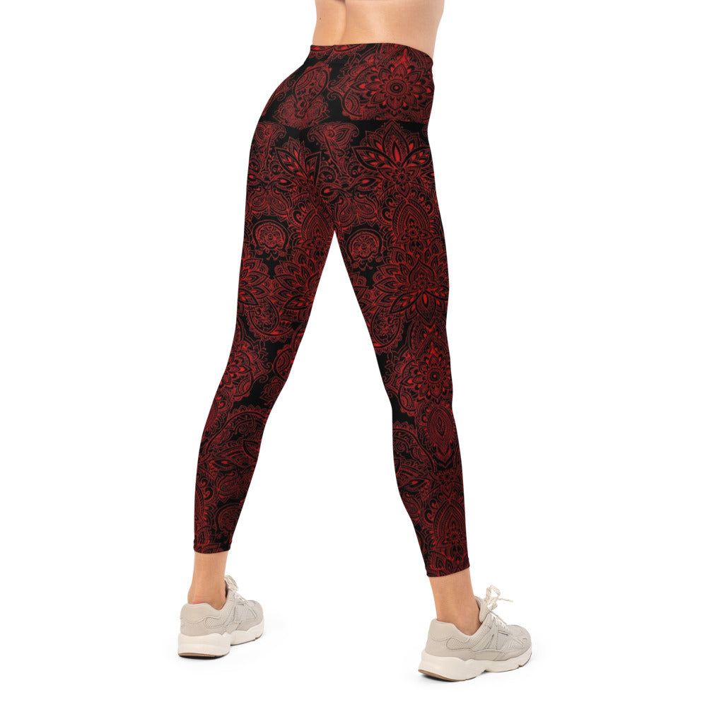 Personalisierte Damen Sportleggings Mandala Ornament Muster Schwarz Rot Fitness Yoga Leggings A823