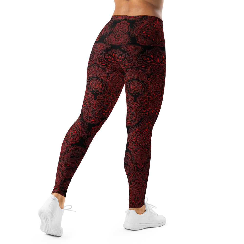 Personalisierte Damen Sportleggings Mandala Ornament Muster Schwarz Rot Fitness Yoga Leggings A823
