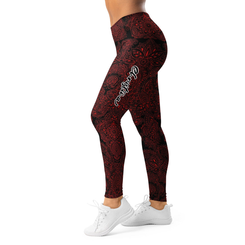 Personalisierte Damen Sportleggings Mandala Ornament Muster Schwarz Rot Fitness Yoga Leggings A823