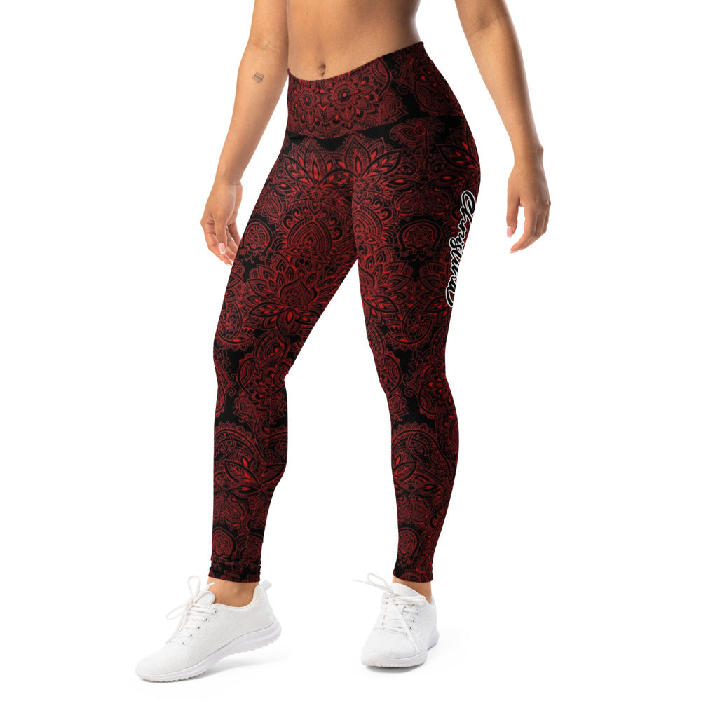 Personalisierte Damen Sportleggings Mandala Ornament Muster Schwarz Rot Fitness Yoga Leggings A823