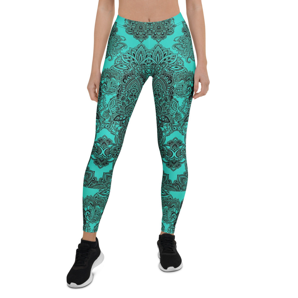Personalisierte Damen Yoga Leggings Mandala Design Türkis Schwarz Fitness Sportleggings Z413
