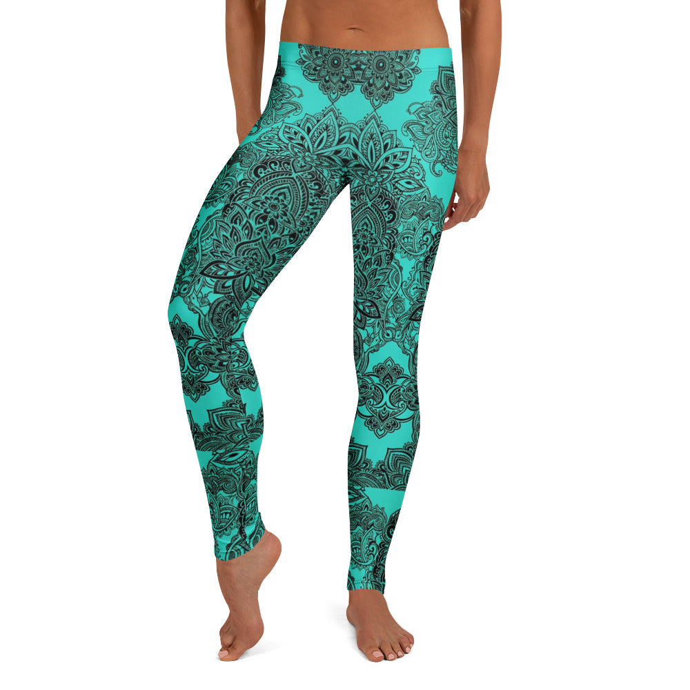 Personalisierte Damen Yoga Leggings Mandala Design Türkis Schwarz Fitness Sportleggings Z413