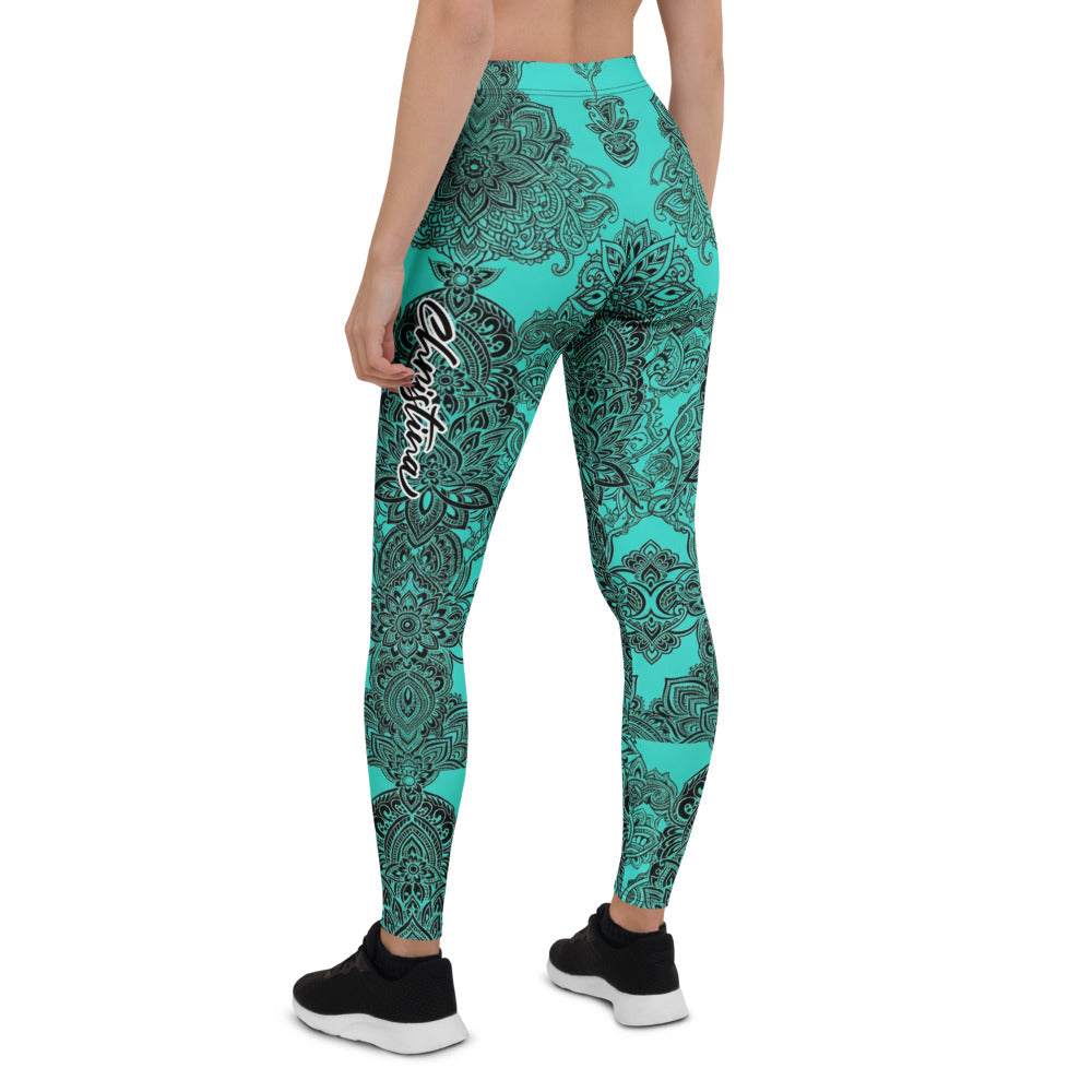Personalisierte Damen Yoga Leggings Mandala Design Türkis Schwarz Fitness Sportleggings Z413