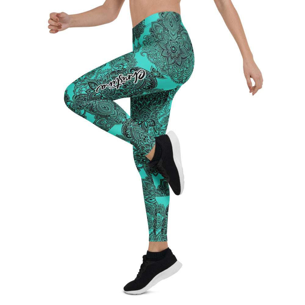 Personalisierte Damen Yoga Leggings Mandala Design Türkis Schwarz Fitness Sportleggings Z413