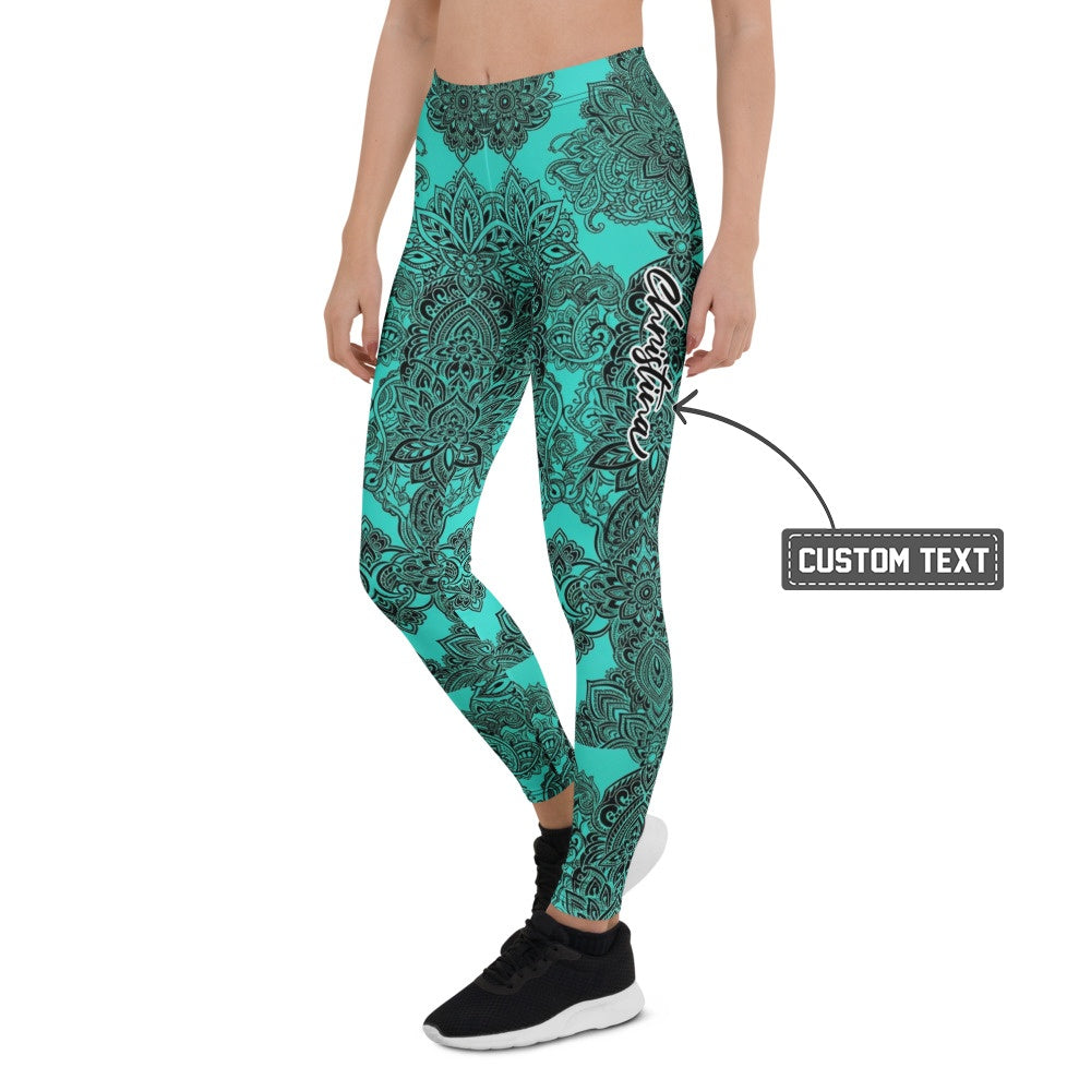 Personalisierte Damen Yoga Leggings Mandala Design Türkis Schwarz Fitness Sportleggings Z413 - XL