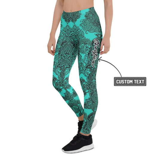 Personalisierte Damen Yoga Leggings Mandala Design Türkis Schwarz Fitness Sportleggings Z413 - XL