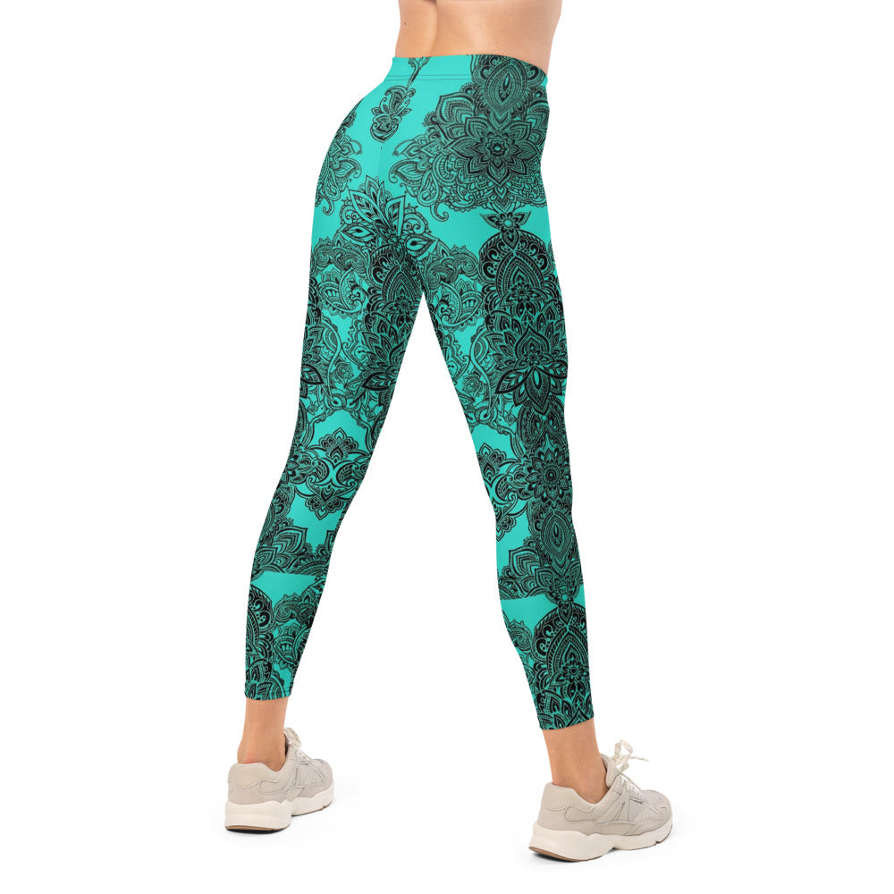 Personalisierte Damen Yoga Leggings Mandala Design Türkis Schwarz Fitness Sportleggings Z413