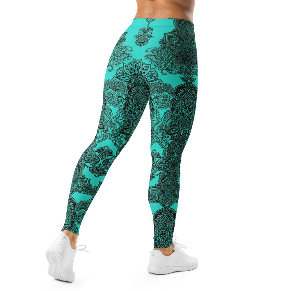 Personalisierte Damen Yoga Leggings Mandala Design Türkis Schwarz Fitness Sportleggings Z413