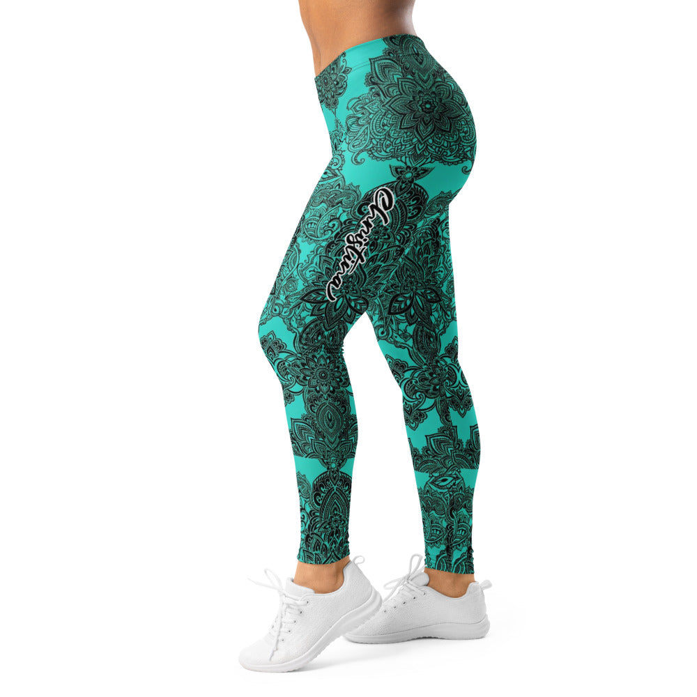 Personalisierte Damen Yoga Leggings Mandala Design Türkis Schwarz Fitness Sportleggings Z413