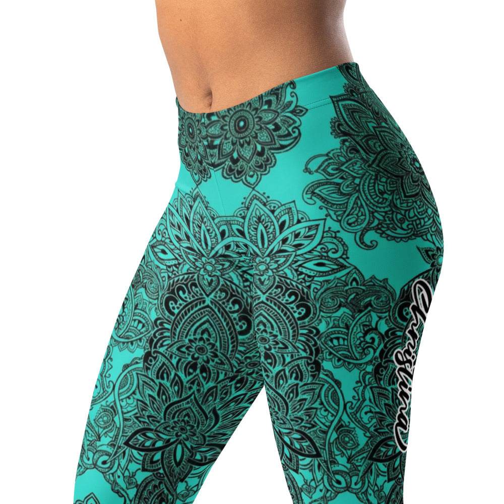 Personalisierte Damen Yoga Leggings Mandala Design Türkis Schwarz Fitness Sportleggings Z413