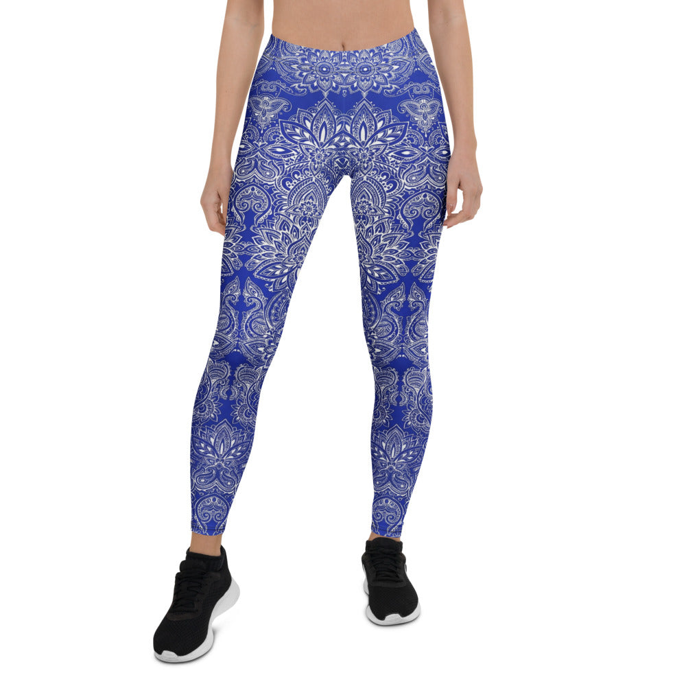 Personalisierte Damen Sportleggings Mandala Ornament Muster Blau Weiß Fitness Yoga Leggings R734
