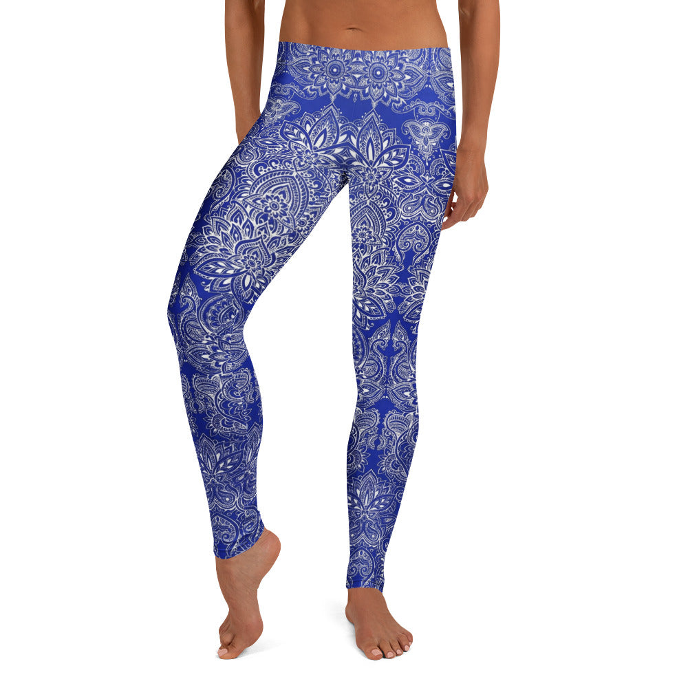 Personalisierte Damen Sportleggings Mandala Ornament Muster Blau Weiß Fitness Yoga Leggings R734