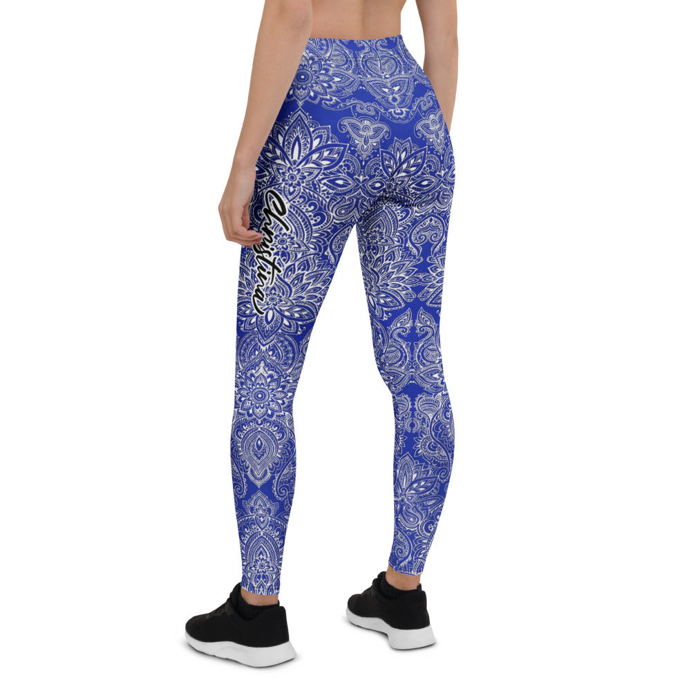 Personalisierte Damen Sportleggings Mandala Ornament Muster Blau Weiß Fitness Yoga Leggings R734