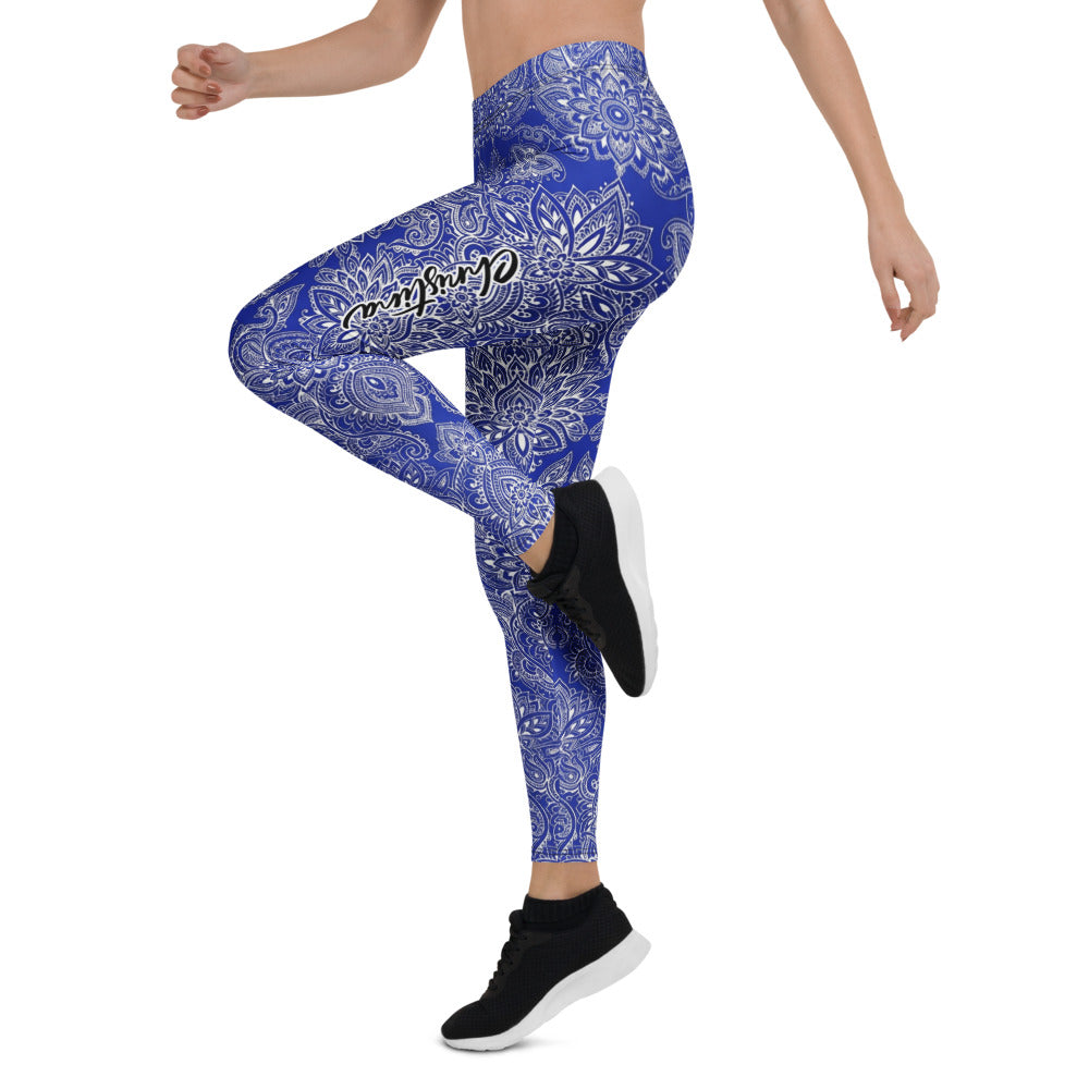 Personalisierte Damen Sportleggings Mandala Ornament Muster Blau Weiß Fitness Yoga Leggings R734