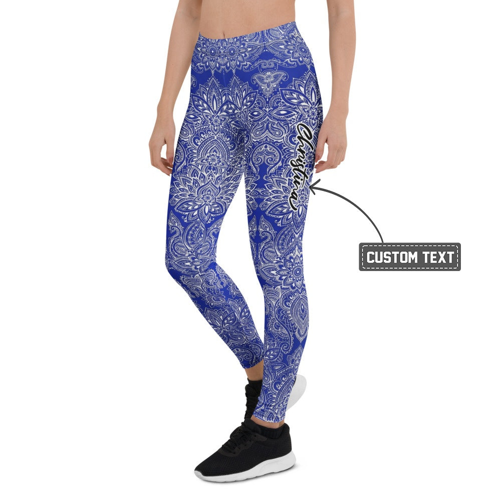Personalisierte Damen Sportleggings Mandala Ornament Muster Blau Weiß Fitness Yoga Leggings R734 - XL
