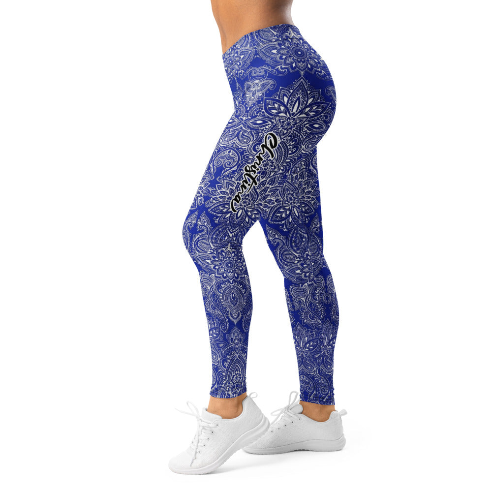 Personalisierte Damen Sportleggings Mandala Ornament Muster Blau Weiß Fitness Yoga Leggings R734
