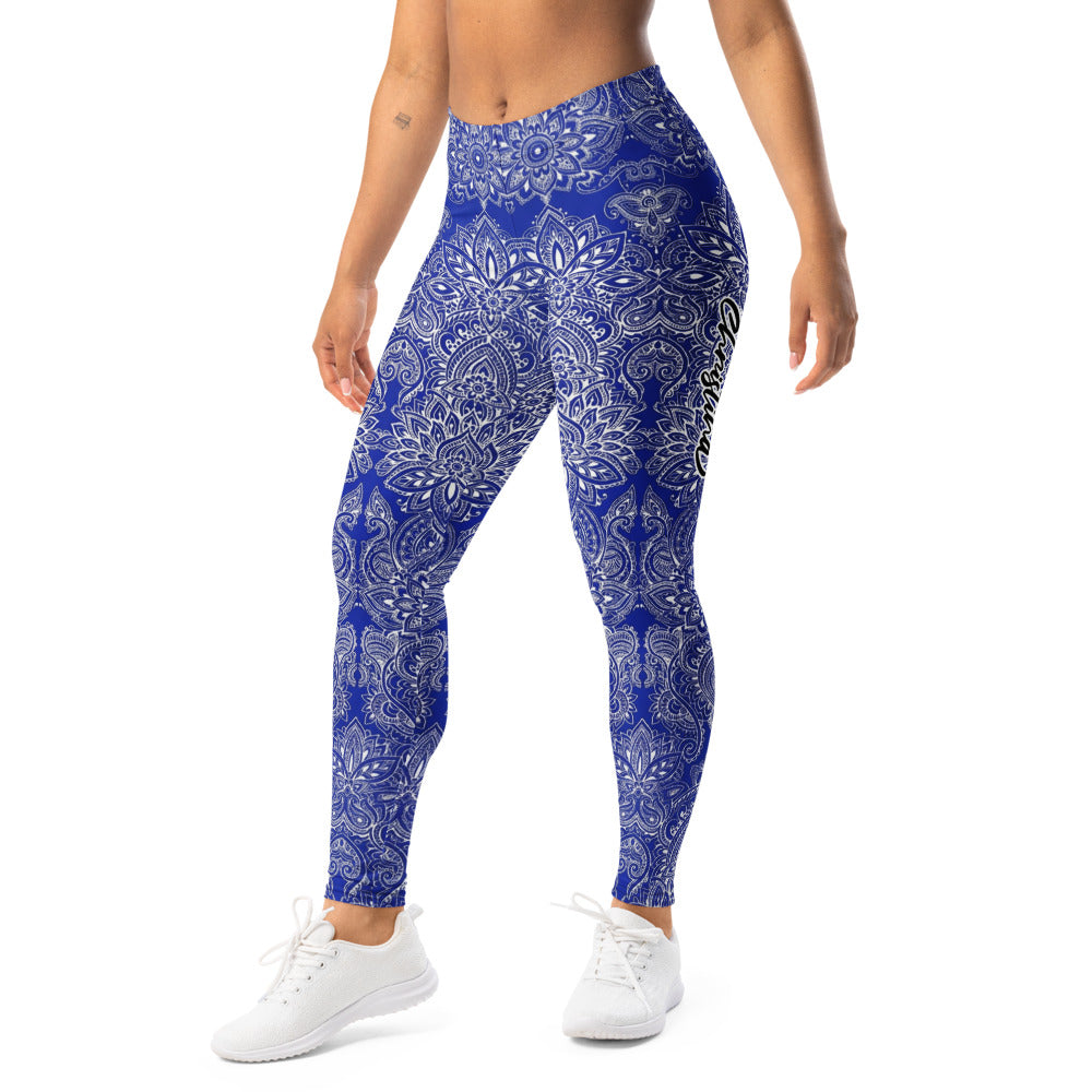 Personalisierte Damen Sportleggings Mandala Ornament Muster Blau Weiß Fitness Yoga Leggings R734