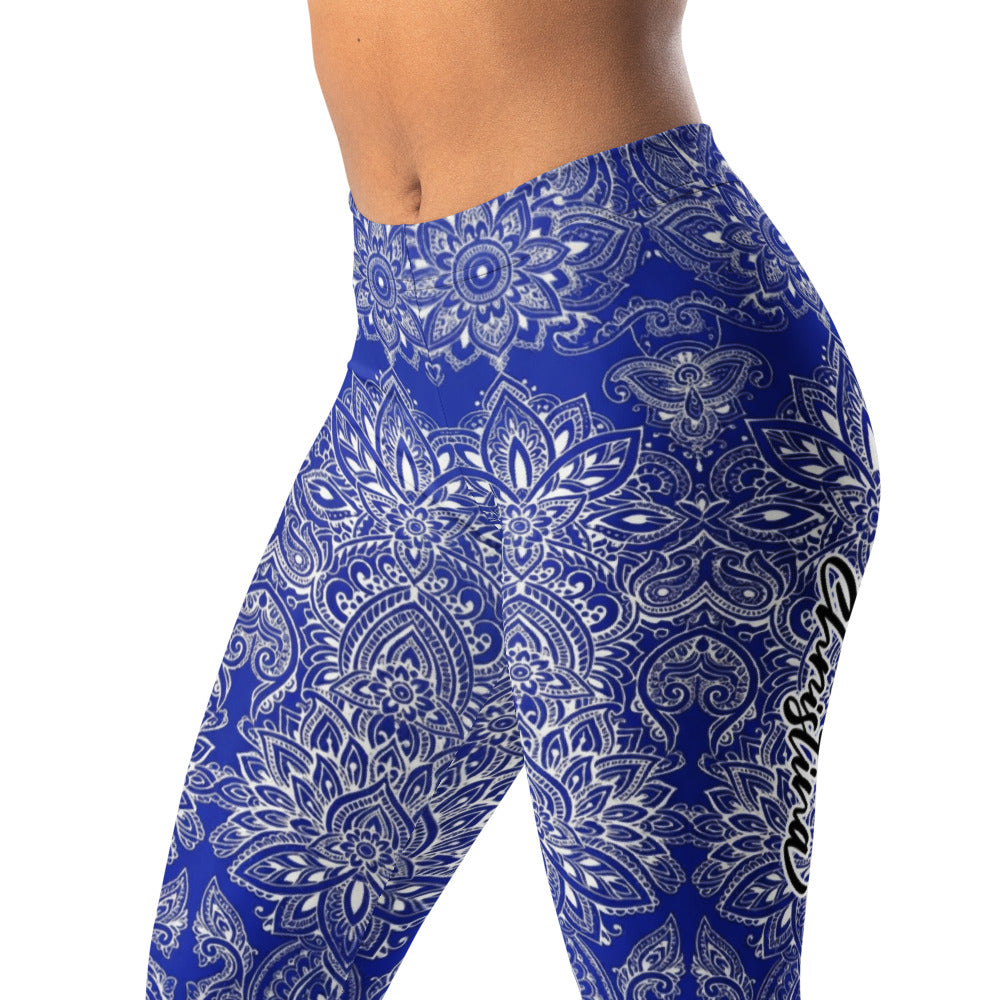 Personalisierte Damen Sportleggings Mandala Ornament Muster Blau Weiß Fitness Yoga Leggings R734