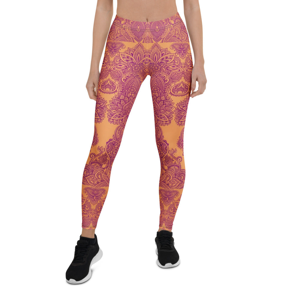 Personalisierte Damen Sportleggings Mandala Muster Orange Lila Yoga Fitnesshose Boho Design G786