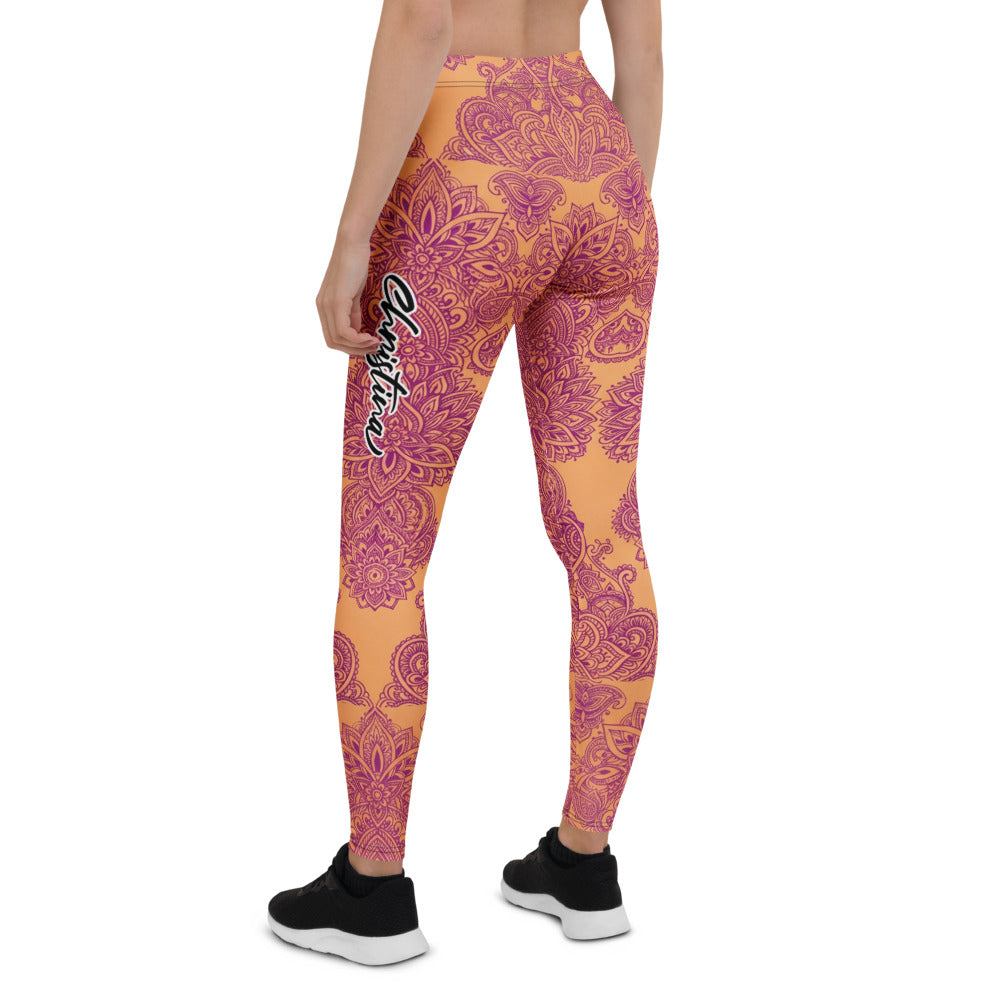 Personalisierte Damen Sportleggings Mandala Muster Orange Lila Yoga Fitnesshose Boho Design G786