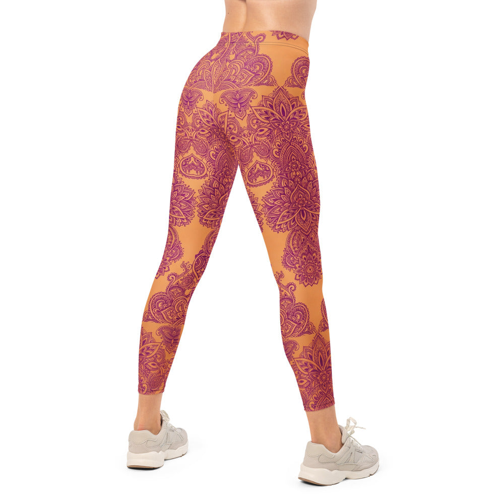 Personalisierte Damen Sportleggings Mandala Muster Orange Lila Yoga Fitnesshose Boho Design G786