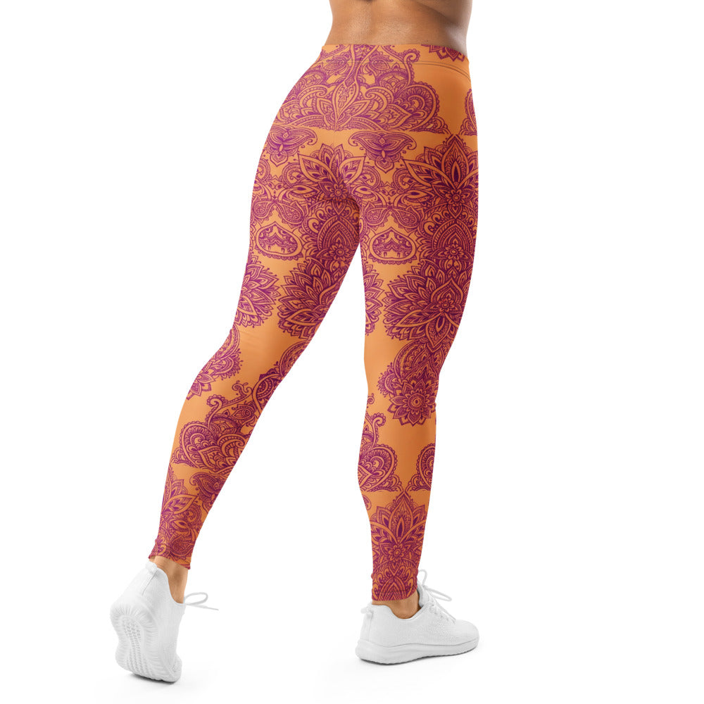 Personalisierte Damen Sportleggings Mandala Muster Orange Lila Yoga Fitnesshose Boho Design G786