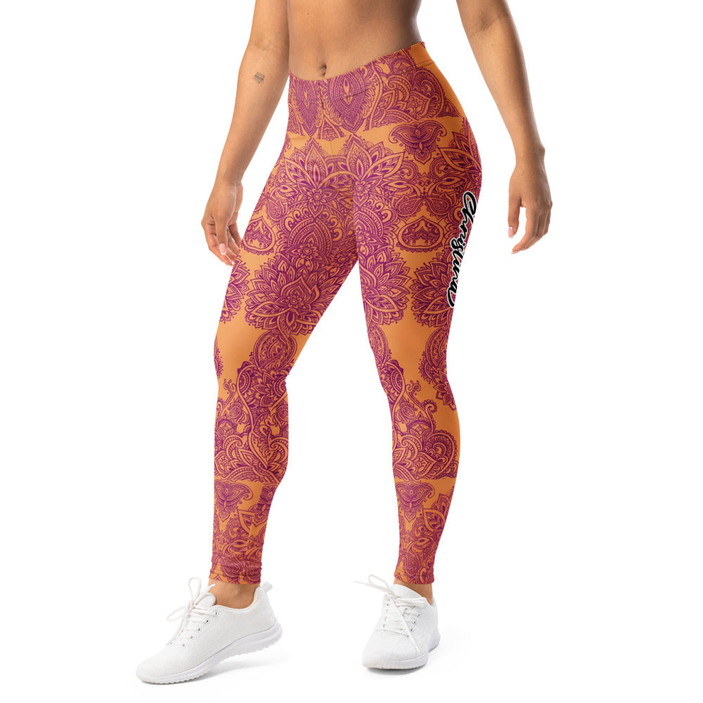 Personalisierte Damen Sportleggings Mandala Muster Orange Lila Yoga Fitnesshose Boho Design G786