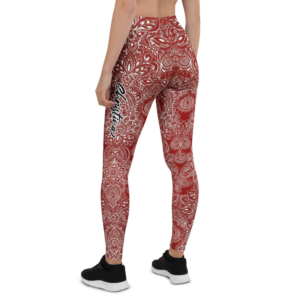Personalisierte Damen Sportleggings Mandala Ornament Muster Weinrot Weiß Fitness Yoga Leggings Z683