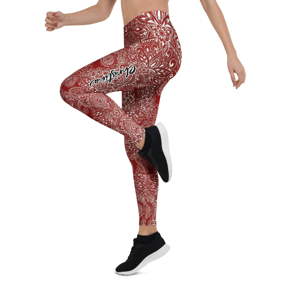 Personalisierte Damen Sportleggings Mandala Ornament Muster Weinrot Weiß Fitness Yoga Leggings Z683