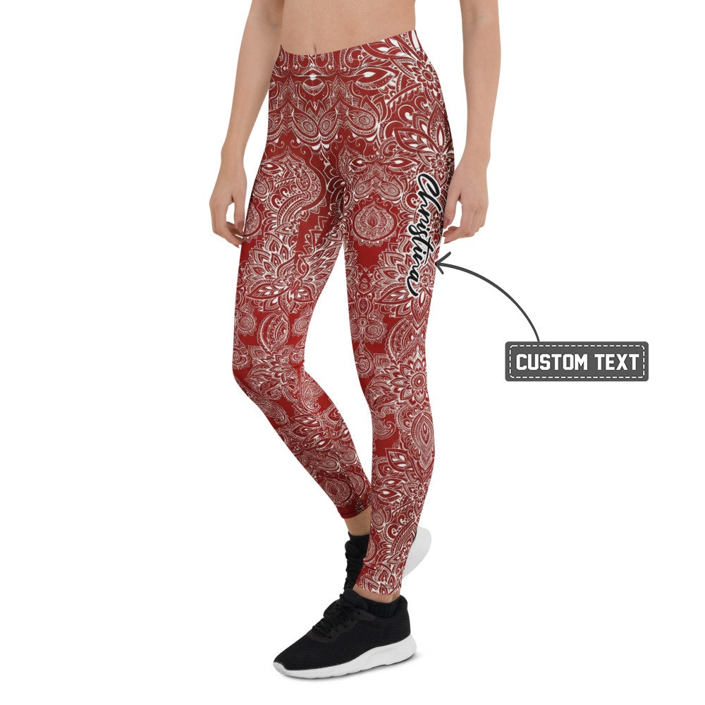 Personalisierte Damen Sportleggings Mandala Ornament Muster Weinrot Weiß Fitness Yoga Leggings Z683 - XL
