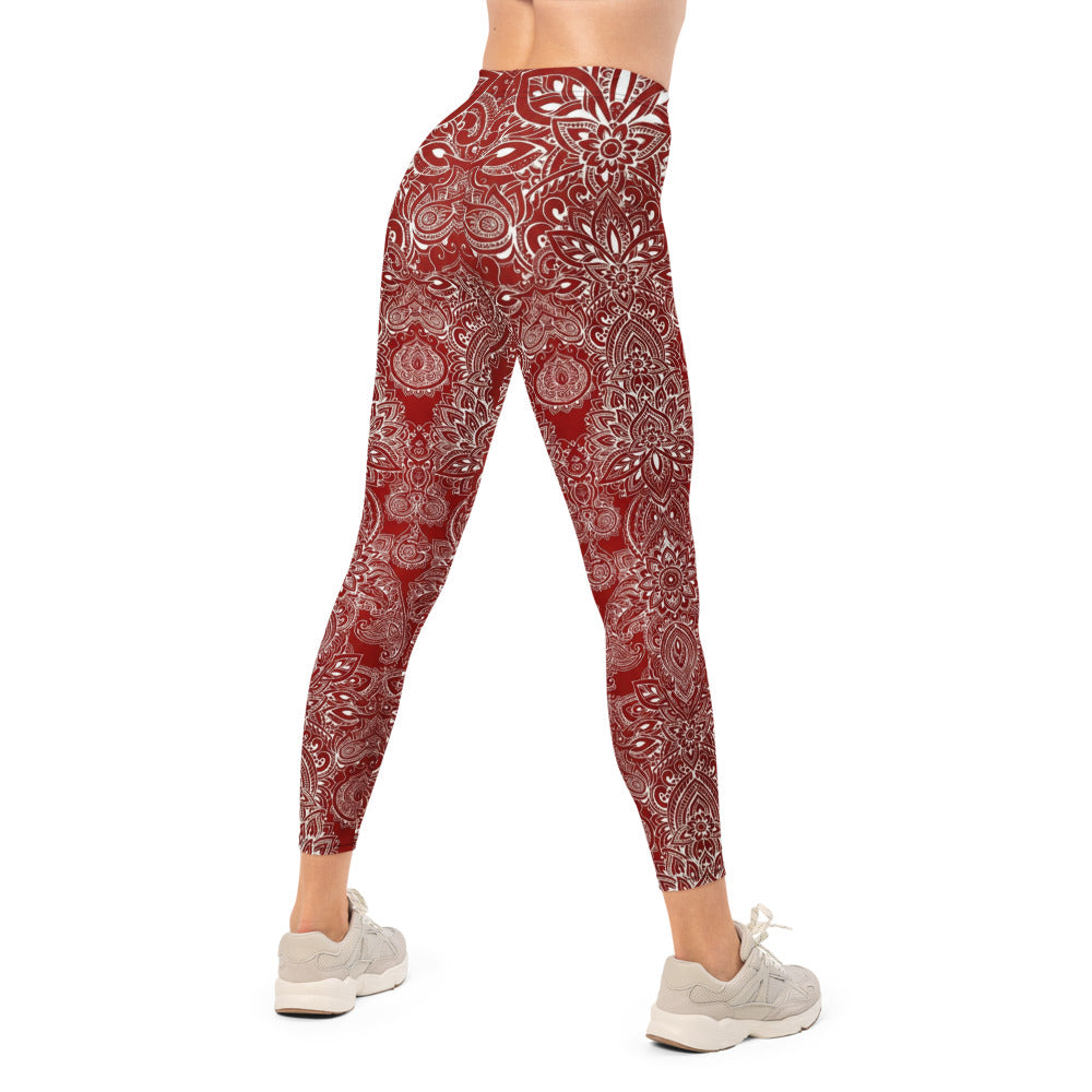 Personalisierte Damen Sportleggings Mandala Ornament Muster Weinrot Weiß Fitness Yoga Leggings Z683