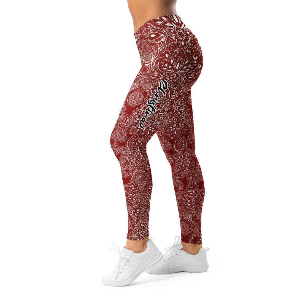 Personalisierte Damen Sportleggings Mandala Ornament Muster Weinrot Weiß Fitness Yoga Leggings Z683