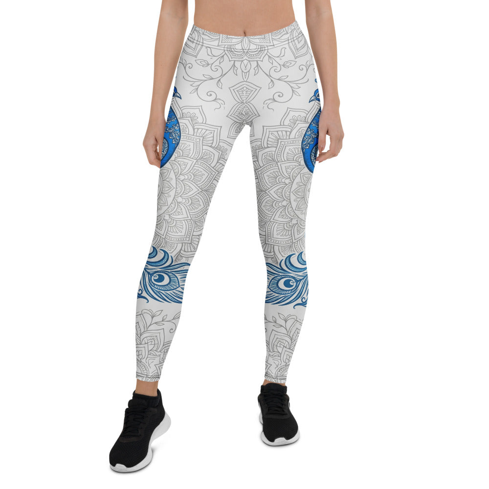 Personalisierte Damen Sportleggings Pfau Design Weiß Blau Mandala Muster Yoga Fitness Leggings D948