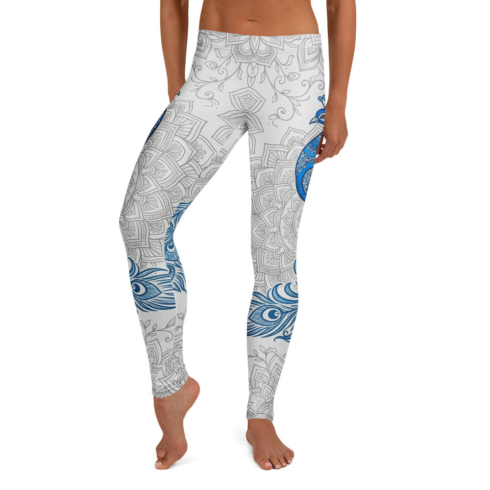 Personalisierte Damen Sportleggings Pfau Design Weiß Blau Mandala Muster Yoga Fitness Leggings D948