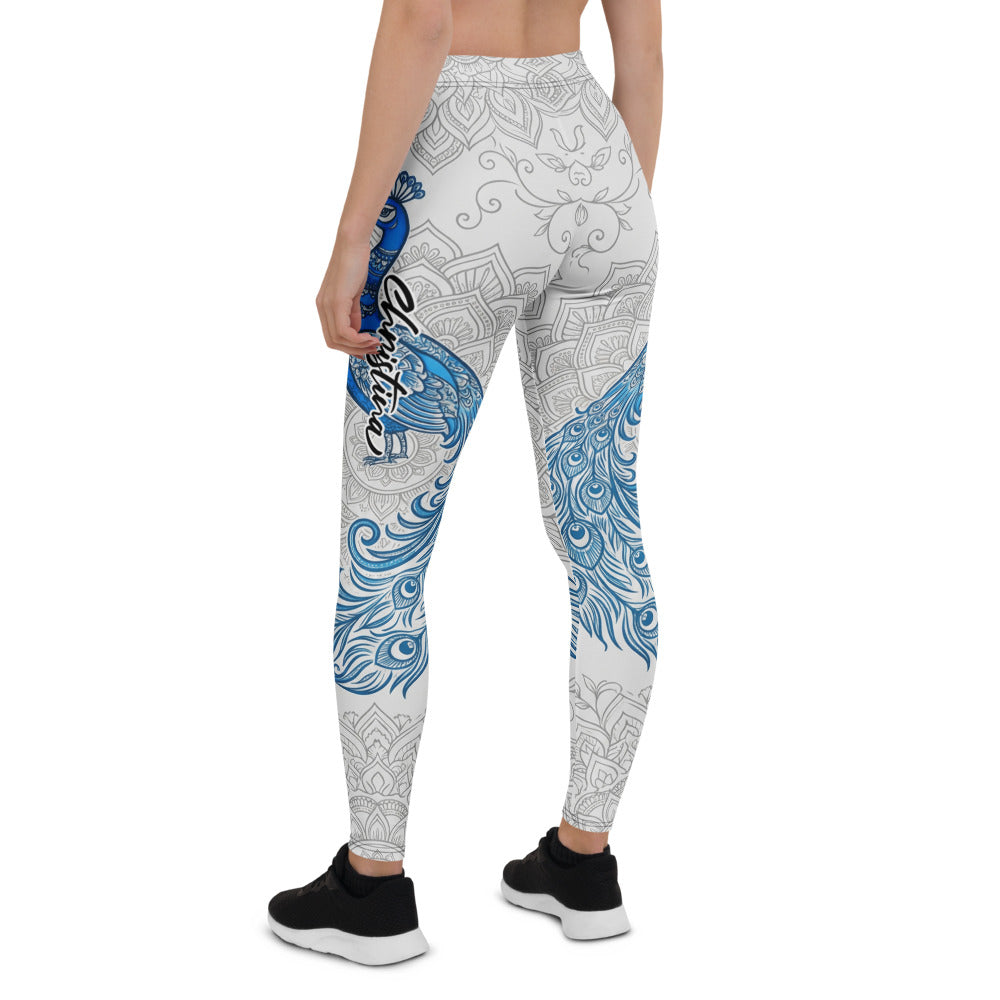 Personalisierte Damen Sportleggings Pfau Design Weiß Blau Mandala Muster Yoga Fitness Leggings D948