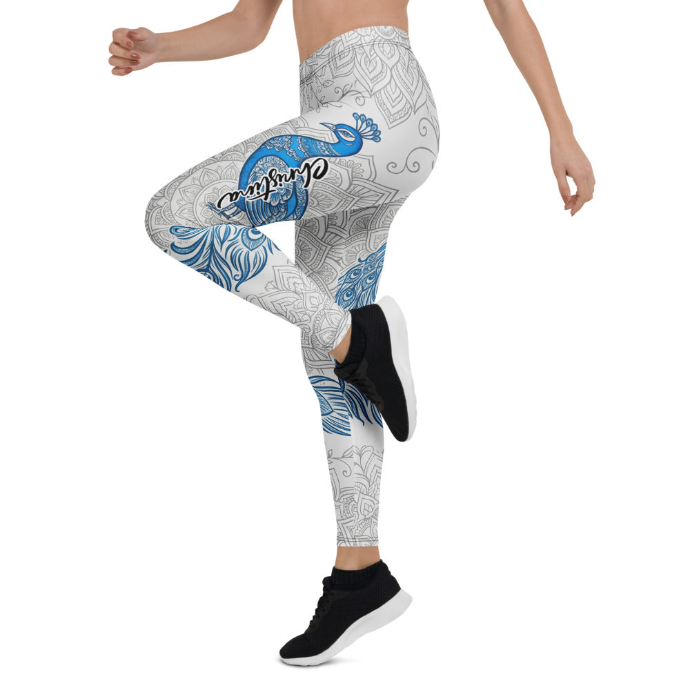 Personalisierte Damen Sportleggings Pfau Design Weiß Blau Mandala Muster Yoga Fitness Leggings D948