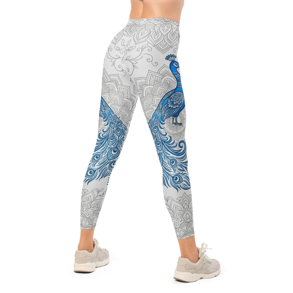 Personalisierte Damen Sportleggings Pfau Design Weiß Blau Mandala Muster Yoga Fitness Leggings D948