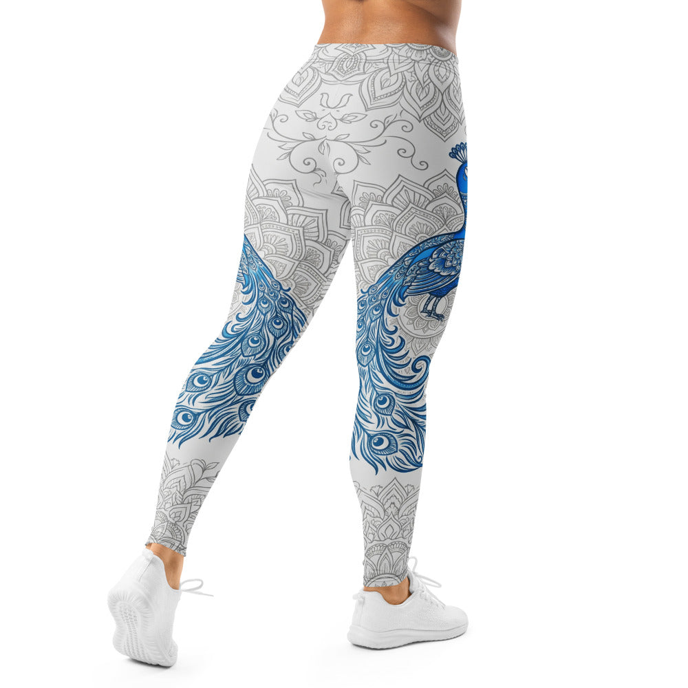 Personalisierte Damen Sportleggings Pfau Design Weiß Blau Mandala Muster Yoga Fitness Leggings D948