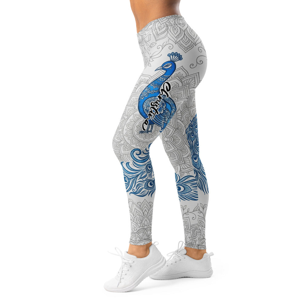 Personalisierte Damen Sportleggings Pfau Design Weiß Blau Mandala Muster Yoga Fitness Leggings D948