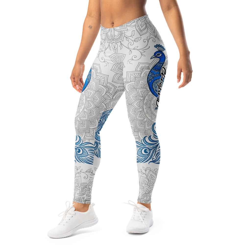 Personalisierte Damen Sportleggings Pfau Design Weiß Blau Mandala Muster Yoga Fitness Leggings D948