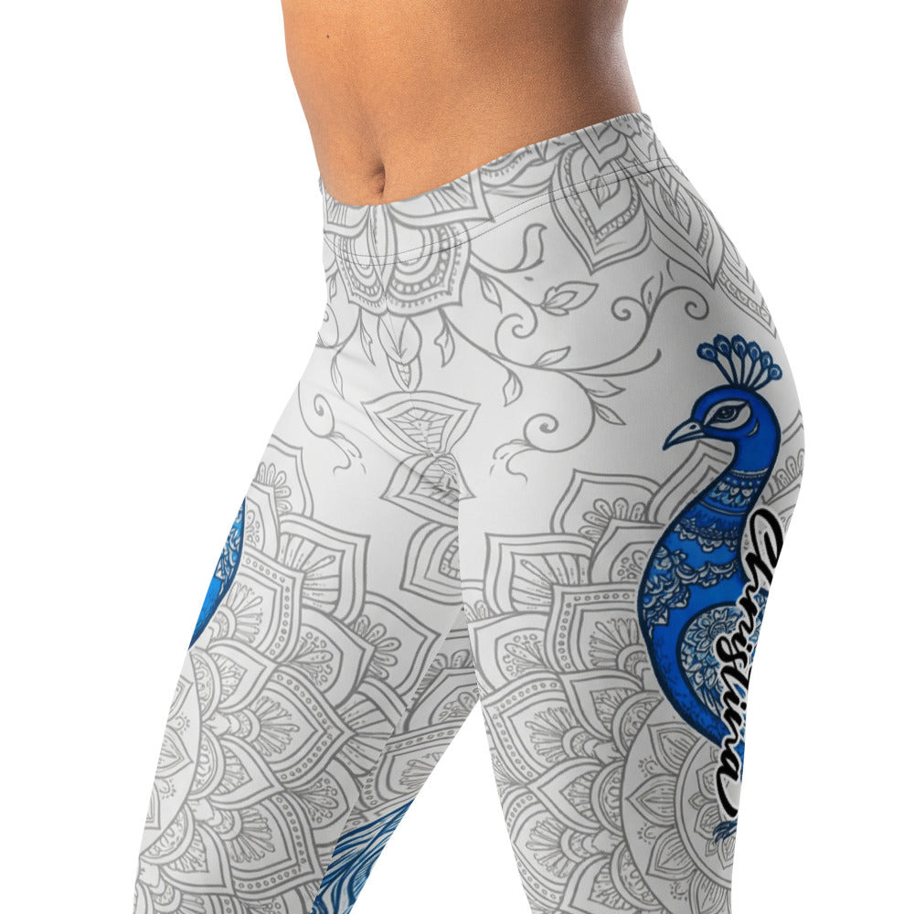 Personalisierte Damen Sportleggings Pfau Design Weiß Blau Mandala Muster Yoga Fitness Leggings D948