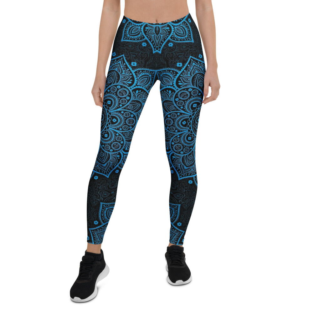 Personalisierte Damen Sportleggings Mandala Muster Blau Schwarz Yoga Leggings Fitnesshose J680