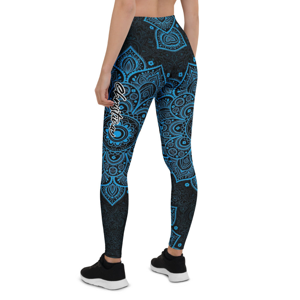 Personalisierte Damen Sportleggings Mandala Muster Blau Schwarz Yoga Leggings Fitnesshose J680