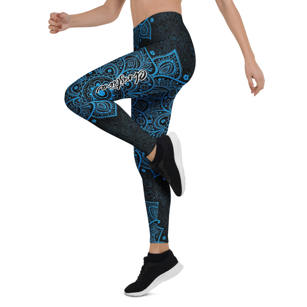 Personalisierte Damen Sportleggings Mandala Muster Blau Schwarz Yoga Leggings Fitnesshose J680