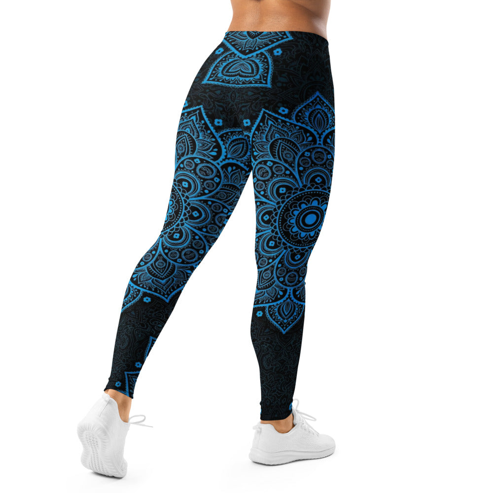 Personalisierte Damen Sportleggings Mandala Muster Blau Schwarz Yoga Leggings Fitnesshose J680