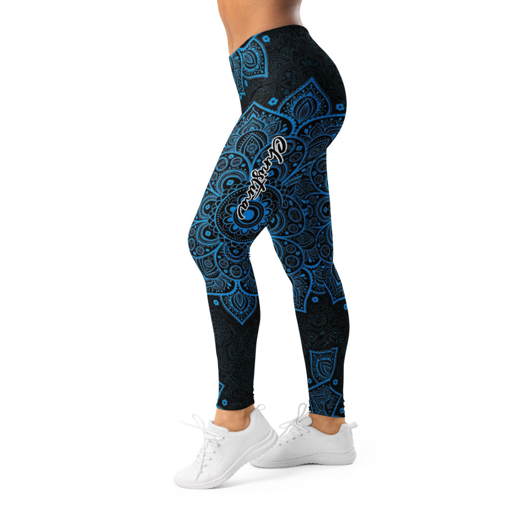 Personalisierte Damen Sportleggings Mandala Muster Blau Schwarz Yoga Leggings Fitnesshose J680