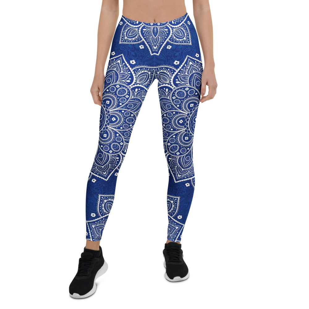 Personalisierte Damen Sportleggings Blau Weiß Mandala Muster Yoga Fitness Leggings P656
