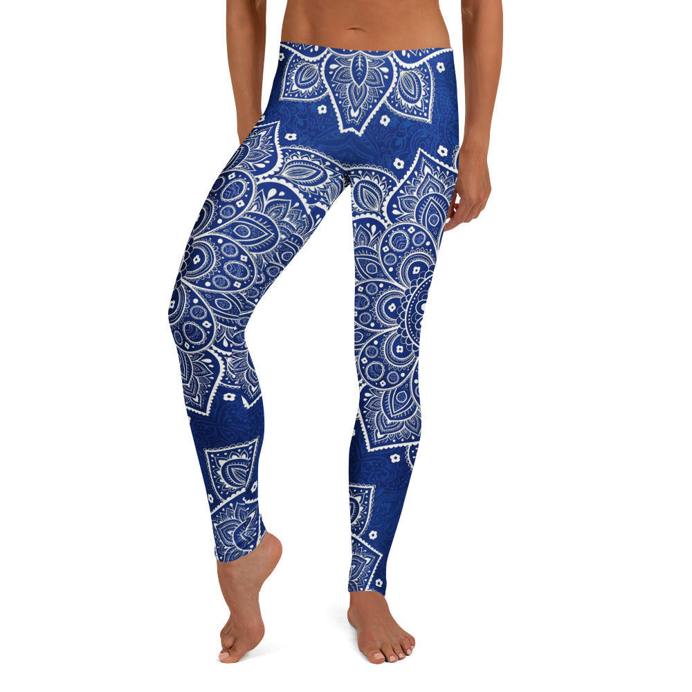 Personalisierte Damen Sportleggings Blau Weiß Mandala Muster Yoga Fitness Leggings P656